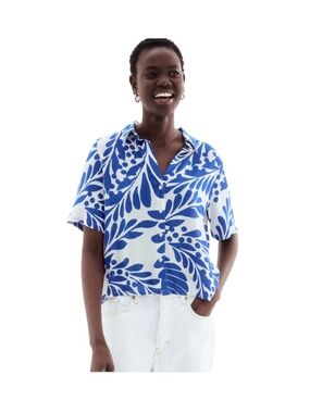 H&M Crinkle Viscose Shirt Sz L Blue White Short Sleeve Abstract Boxy Summer